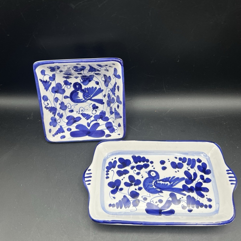 2 Italian Ceramic Deruta Hand Painted Bird Heart Trinket Dish Plate & Decorative
